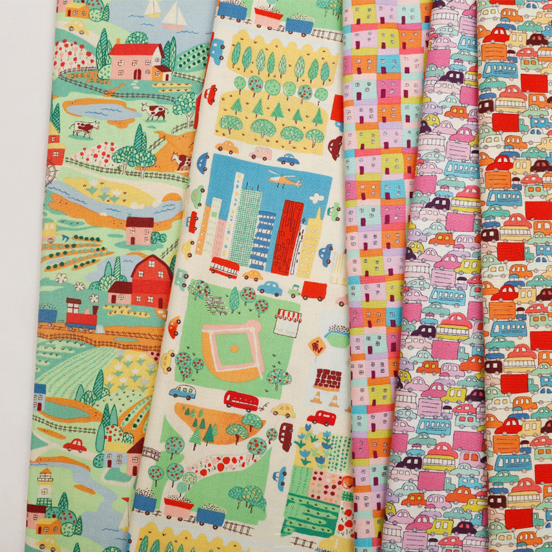 HKM-885523 Cute Cartoon Car and House Fabric - Plain Weave Cotton, 45cm x 110cm