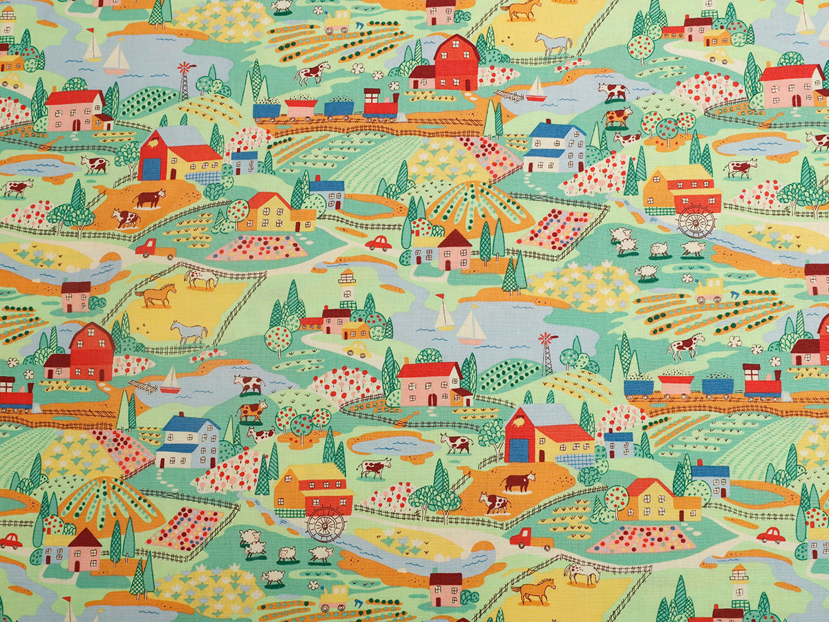 HKM-885523 Cute Cartoon Car and House Fabric - Plain Weave Cotton, 45cm x 110cm