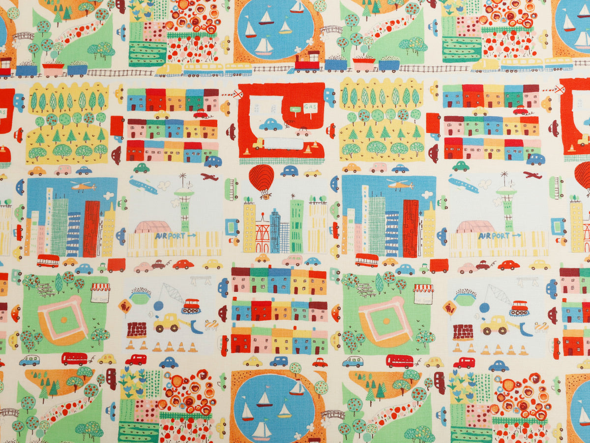 HKM-885523 Cute Cartoon Car and House Fabric - Plain Weave Cotton, 45cm x 110cm