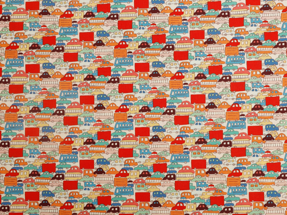 HKM-885523 Cute Cartoon Car and House Fabric - Plain Weave Cotton, 45cm x 110cm