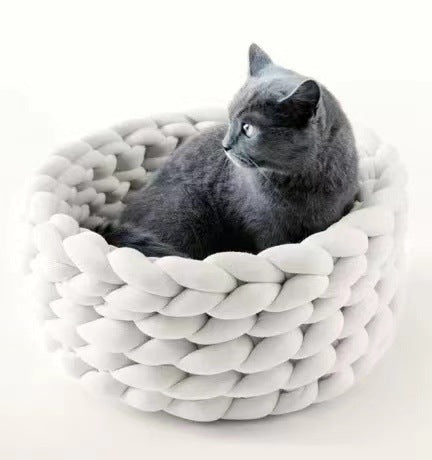 HKM-885651 Soft Plush Cat Bed with Cushion – Cozy Round Pet Nest for Cats and Small Dogs
