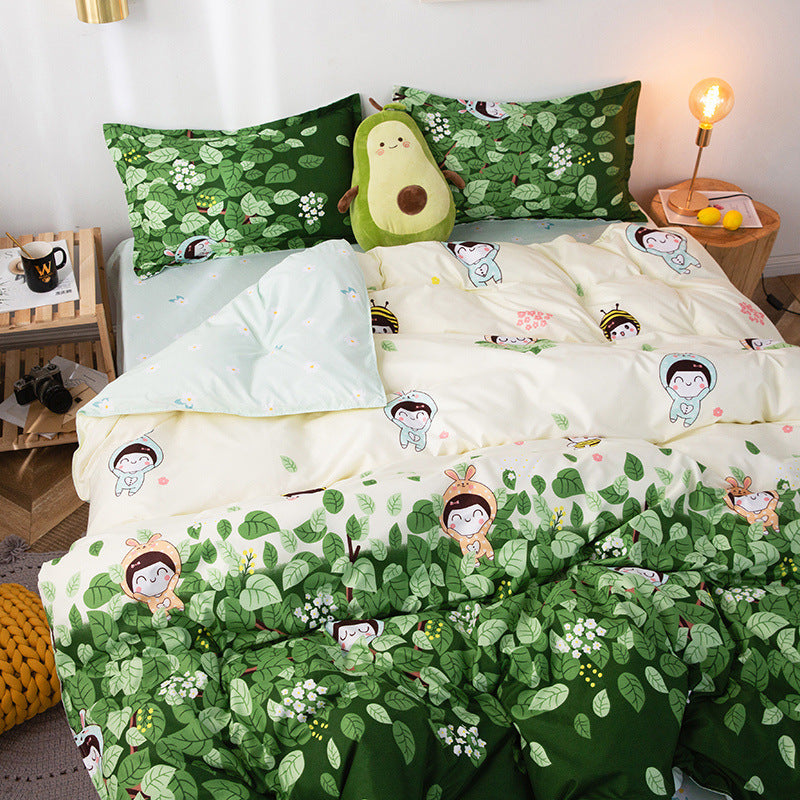 HKM-887315 Modern Plant Pattern Quilt Cover Set for Single Dormitory Beds - Four Piece Set