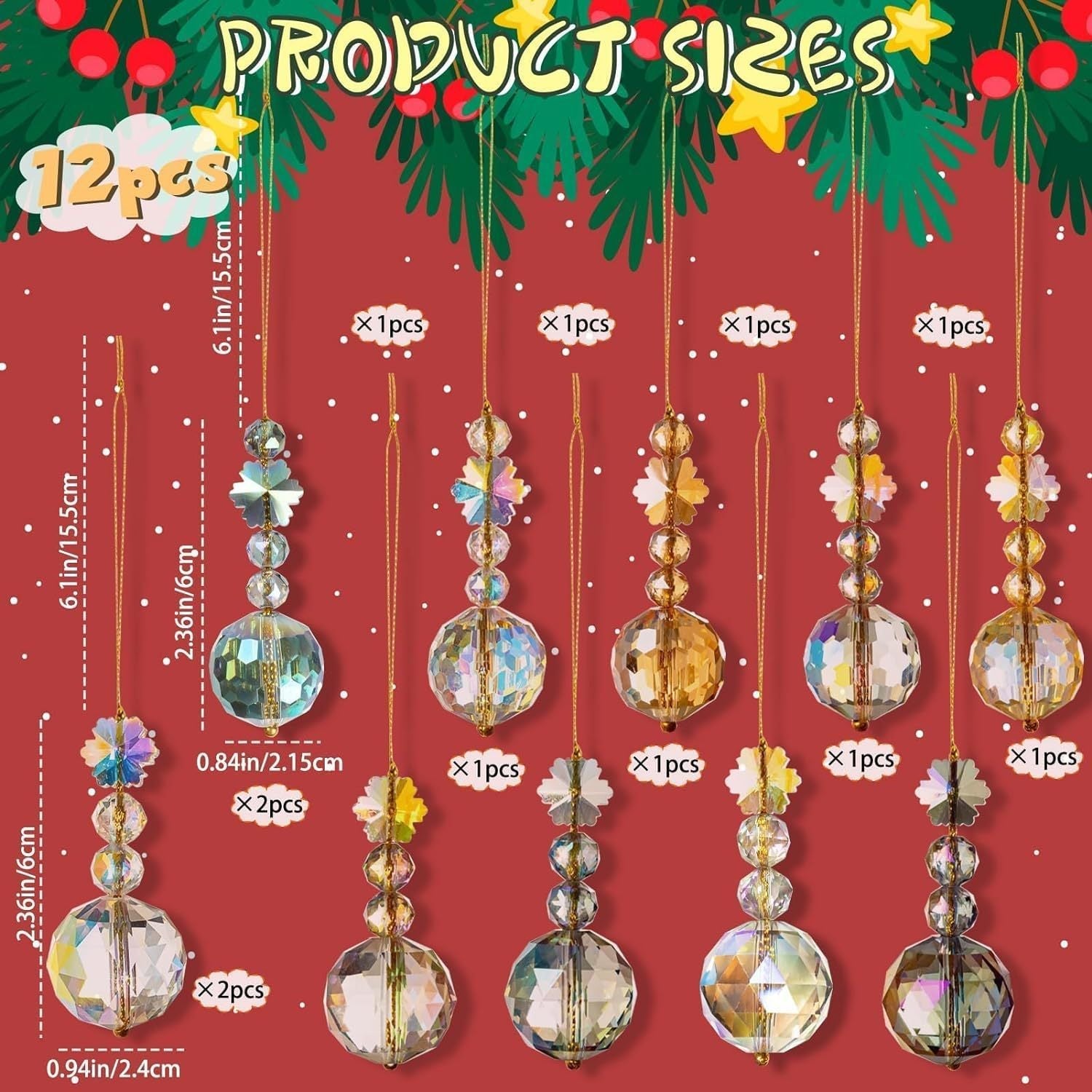 HKM-887955 Christmas Decorative Crystal Prism Ball Set - 12 Glass Pendants, 22mm & 25mm Sizes