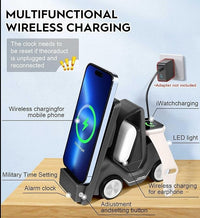 HKM-888019 Forklift-Inspired Wireless Charging Station with Digital Clock and Night Light for Phones and Earbuds