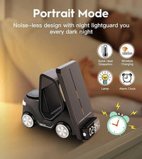 HKM-888019 Forklift-Inspired Wireless Charging Station with Digital Clock and Night Light for Phones and Earbuds