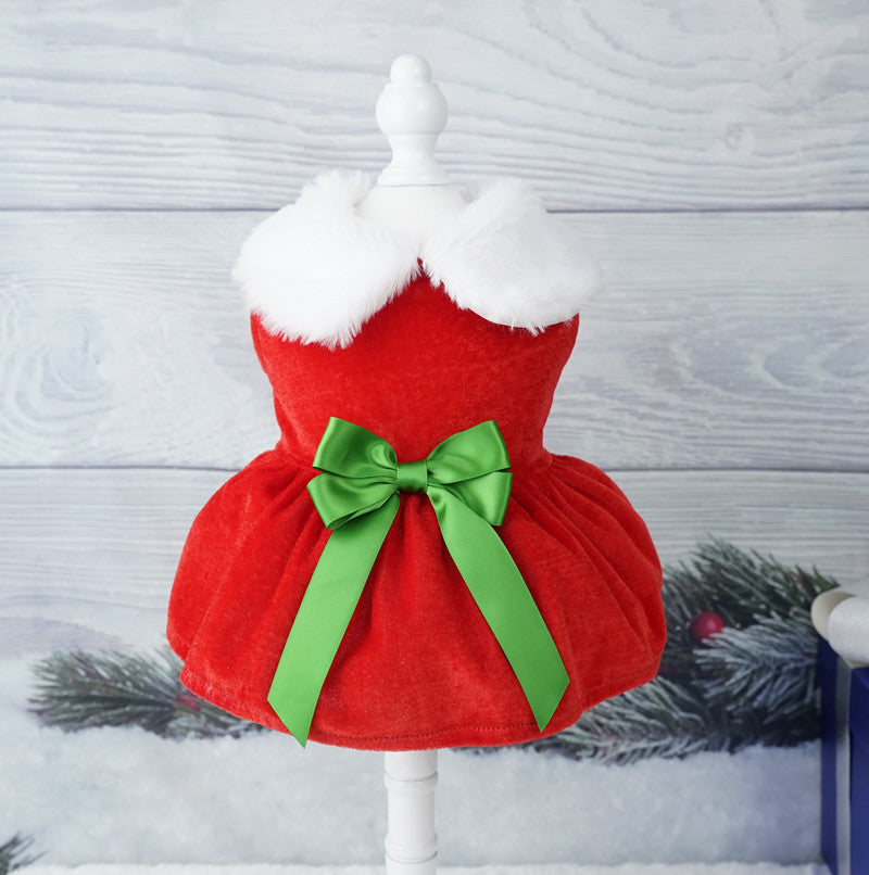 HKM-888595 Gold Velvet Christmas Pet Dress with Bow - Sizes S to XL