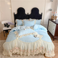 HKM-888979 Cotton Chiffon Lace Embroidery Four-Piece Bed Skirt Set in Solid Colors