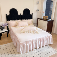 HKM-888979 Cotton Chiffon Lace Embroidery Four-Piece Bed Skirt Set in Solid Colors