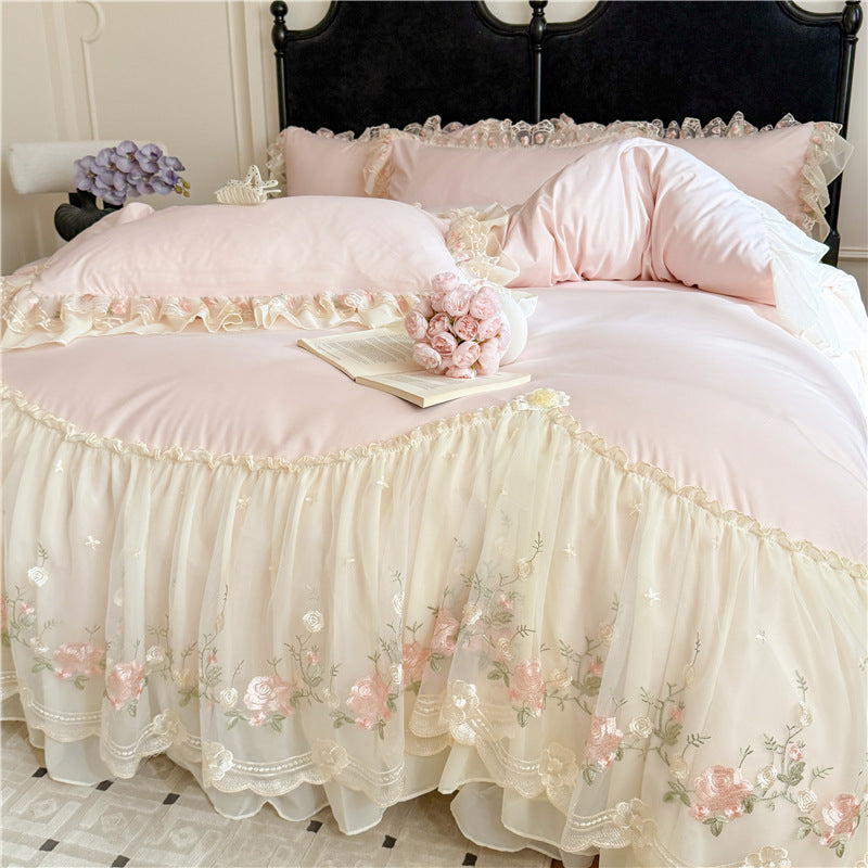 HKM-888979 Cotton Chiffon Lace Embroidery Four-Piece Bed Skirt Set in Solid Colors