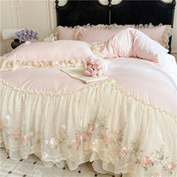 HKM-888979 Cotton Chiffon Lace Embroidery Four-Piece Bed Skirt Set in Solid Colors