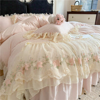 HKM-888979 Cotton Chiffon Lace Embroidery Four-Piece Bed Skirt Set in Solid Colors