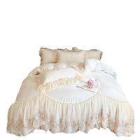 HKM-888979 Cotton Chiffon Lace Embroidery Four-Piece Bed Skirt Set in Solid Colors