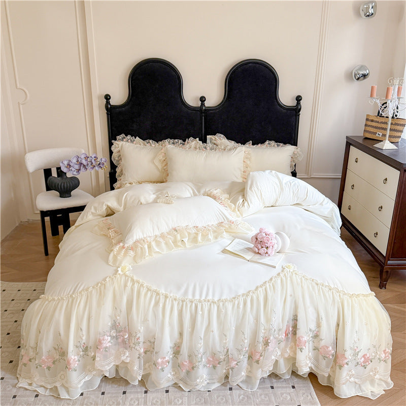 HKM-888979 Cotton Chiffon Lace Embroidery Four-Piece Bed Skirt Set in Solid Colors