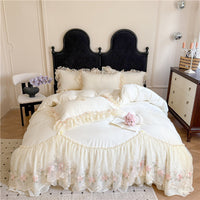 HKM-888979 Cotton Chiffon Lace Embroidery Four-Piece Bed Skirt Set in Solid Colors