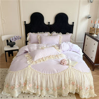 HKM-888979 Cotton Chiffon Lace Embroidery Four-Piece Bed Skirt Set in Solid Colors