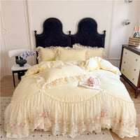 HKM-888979 Cotton Chiffon Lace Embroidery Four-Piece Bed Skirt Set in Solid Colors