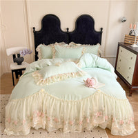 HKM-888979 Cotton Chiffon Lace Embroidery Four-Piece Bed Skirt Set in Solid Colors