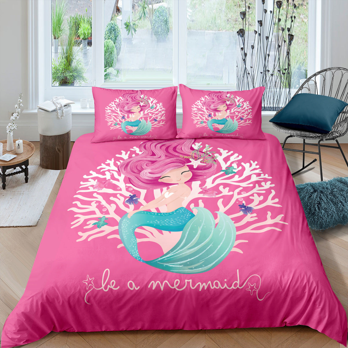 HKM-889299 Rainbow Mermaid Cartoon Duvet Cover Set – Digital Printed Polyester Bedding, Multiple Sizes Available