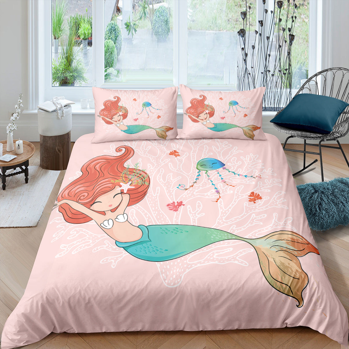 HKM-889299 Rainbow Mermaid Cartoon Duvet Cover Set – Digital Printed Polyester Bedding, Multiple Sizes Available