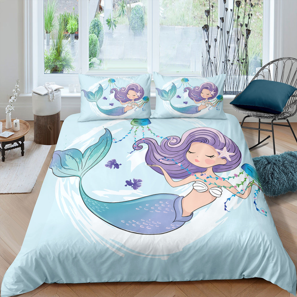 HKM-889299 Rainbow Mermaid Cartoon Duvet Cover Set – Digital Printed Polyester Bedding, Multiple Sizes Available
