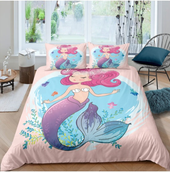 HKM-889299 Rainbow Mermaid Cartoon Duvet Cover Set – Digital Printed Polyester Bedding, Multiple Sizes Available