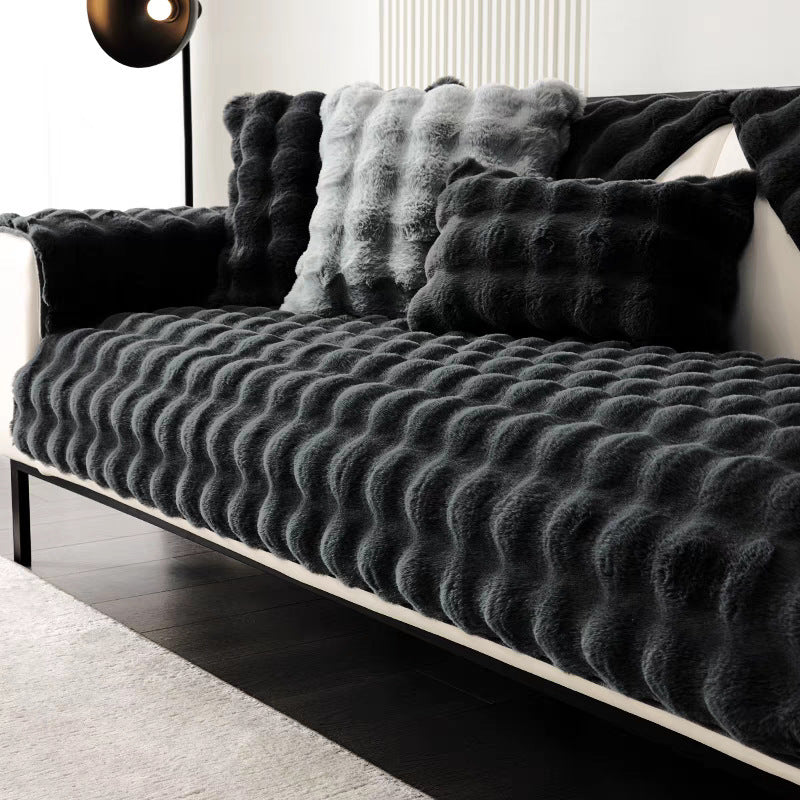 HKM-889939 Plush Fleece Sofa Cushion, Solid Color Dust Cover for Home Use