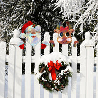 HKM-890579 Santa Claus and Elk Christmas Fence Sign Decoration for Outdoor Garden Yard Decor, Red and White, 30.88 x 25cm