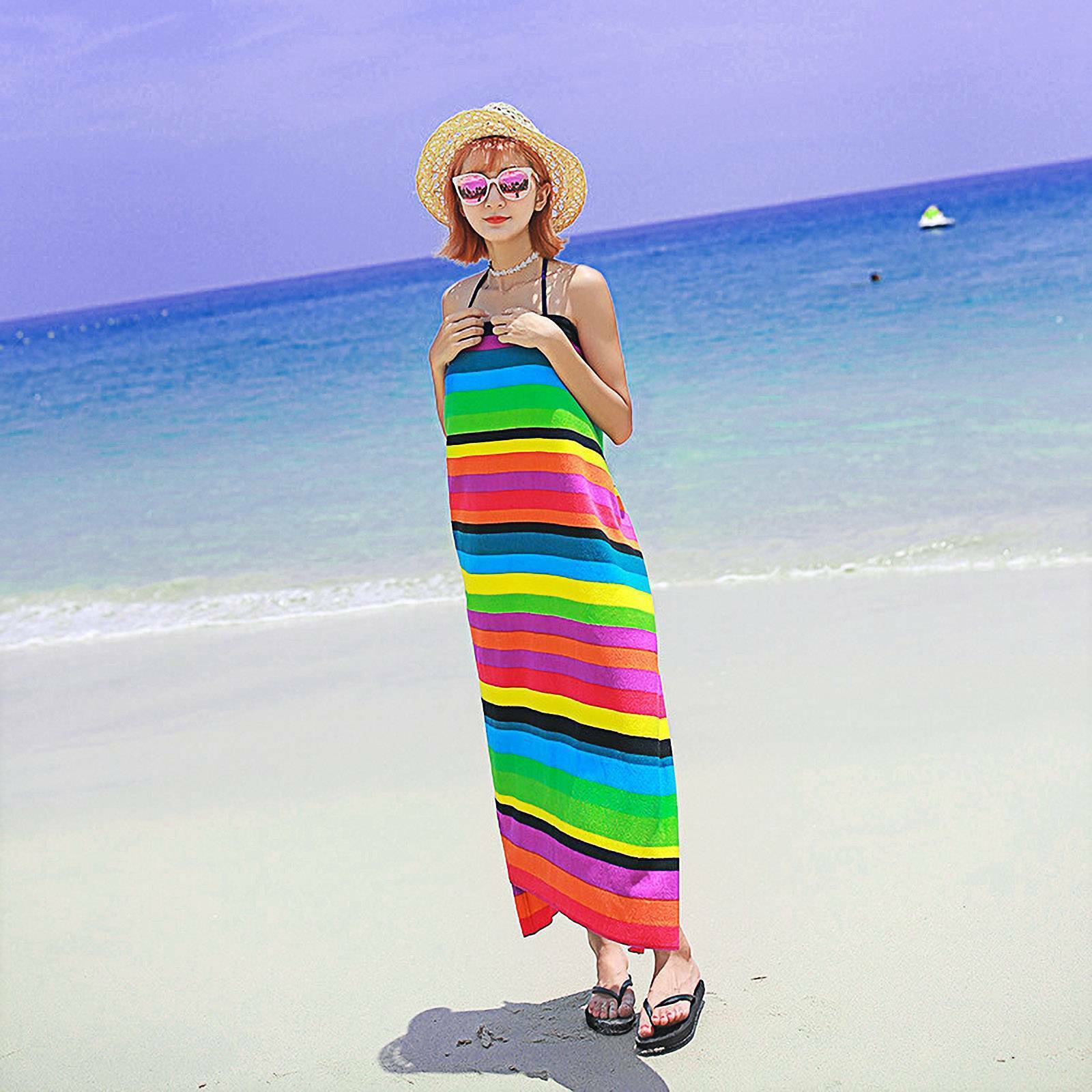 HKM-890707 Extra Large Microfiber Lightweight Beach Towel - Quick Dry Multicolor Rainbow Design, 150x70cm