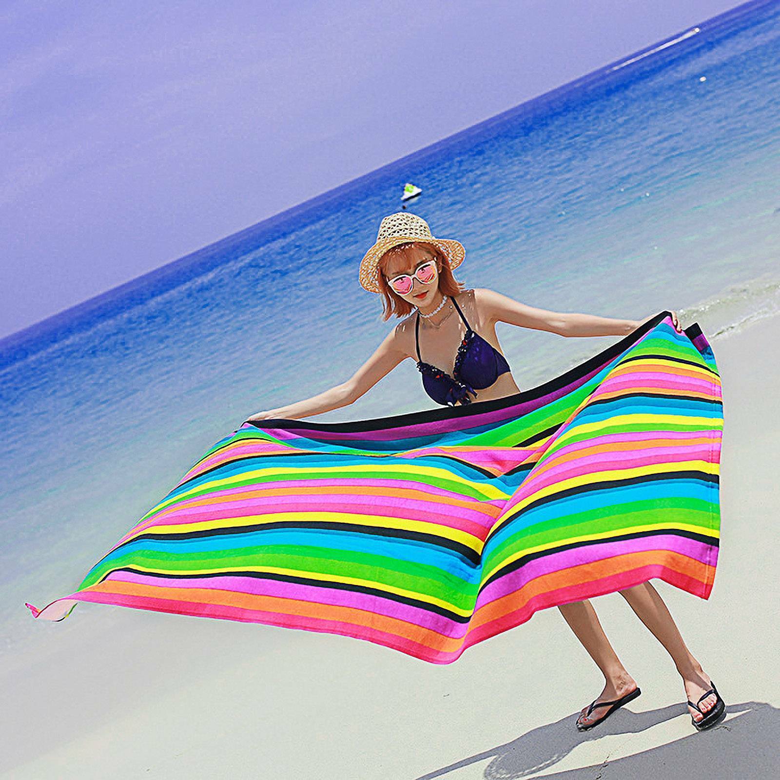 HKM-890707 Extra Large Microfiber Lightweight Beach Towel - Quick Dry Multicolor Rainbow Design, 150x70cm