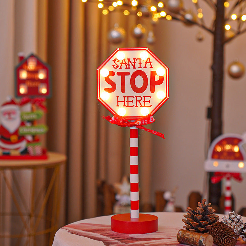 HKM-891731 Christmas Decorative Light Sign - Wooden Stop Signs and North Pole Designs for Holiday Home Decor
