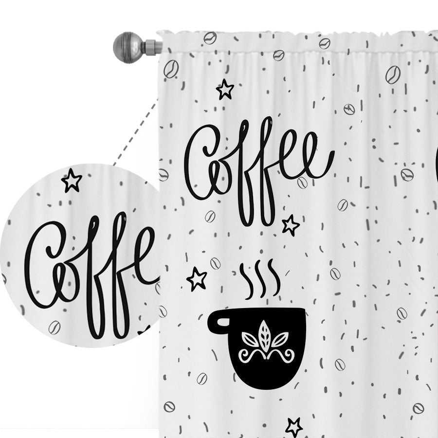 HKM-891987 Black and White Cartoon Coffee Painting Digital Print Curtain Set - Available in Various Sizes