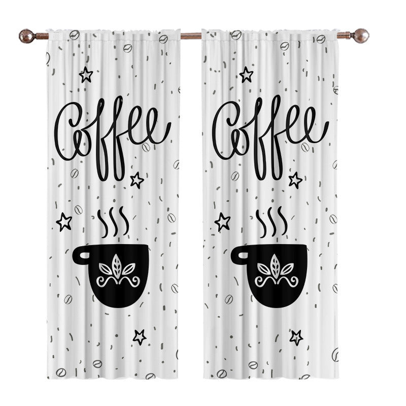 HKM-891987 Black and White Cartoon Coffee Painting Digital Print Curtain Set - Available in Various Sizes