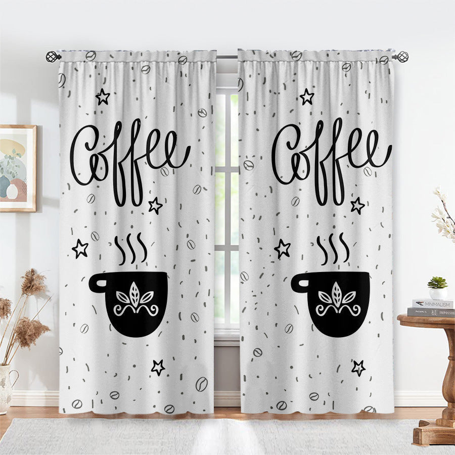 HKM-891987 Black and White Cartoon Coffee Painting Digital Print Curtain Set - Available in Various Sizes