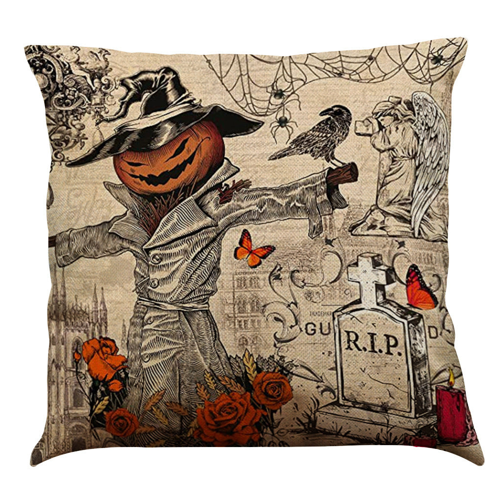 HKM-891987 Halloween Cotton Linen Cushion Cover - 45x45 Super Soft Pillowcase in Festive Colors