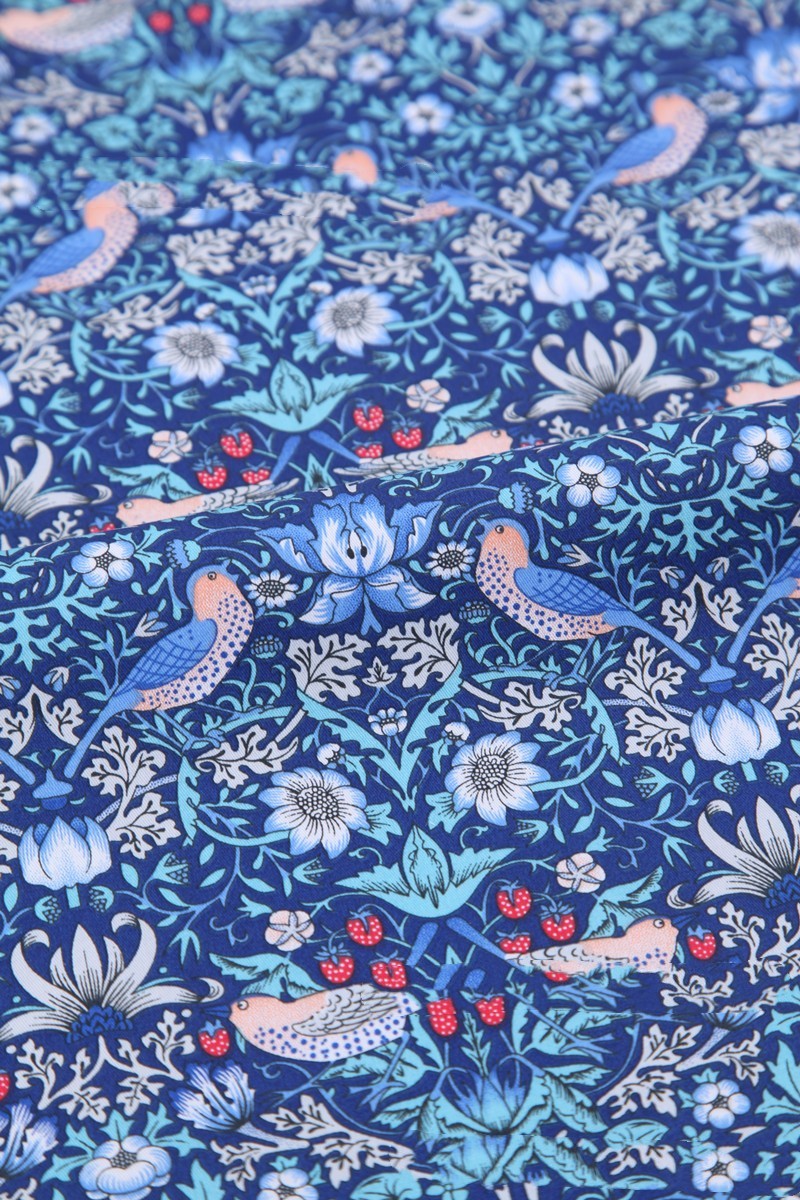 HKM-892115 Deep Blue Series Botanical Print 100% Cotton Twill Fabric - Bird Forest Design