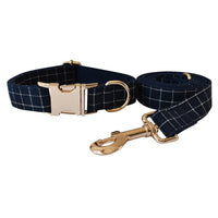 HKM-892307 Navy Blue Plaid Dog Collar with Gold Alloy Buckle – Fashionable and Simple Design