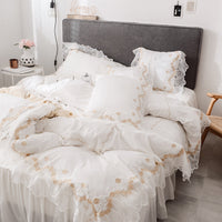 HKM-892435 Cotton Four Piece Princess Style Bed Set in White, Blue, Pink, and Green