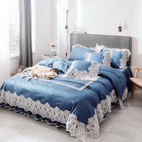 HKM-892435 Cotton Four Piece Princess Style Bed Set in White, Blue, Pink, and Green