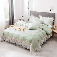 HKM-892435 Cotton Four Piece Princess Style Bed Set in White, Blue, Pink, and Green