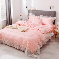 HKM-892435 Cotton Four Piece Princess Style Bed Set in White, Blue, Pink, and Green