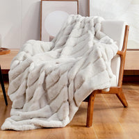 HKM-892755 Soft Plush Striped Blanket and Pillowcase Set in Beige and Gray