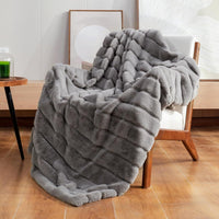 HKM-892755 Soft Plush Striped Blanket and Pillowcase Set in Beige and Gray