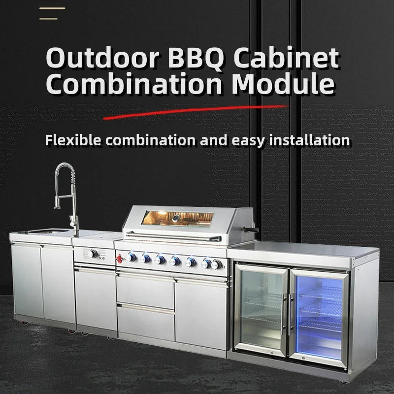 KTX-892947 Movable Outdoor Kitchen 6-Burner Gas BBQ Grill with 304 Stainless Steel Table Top and Built-In Features