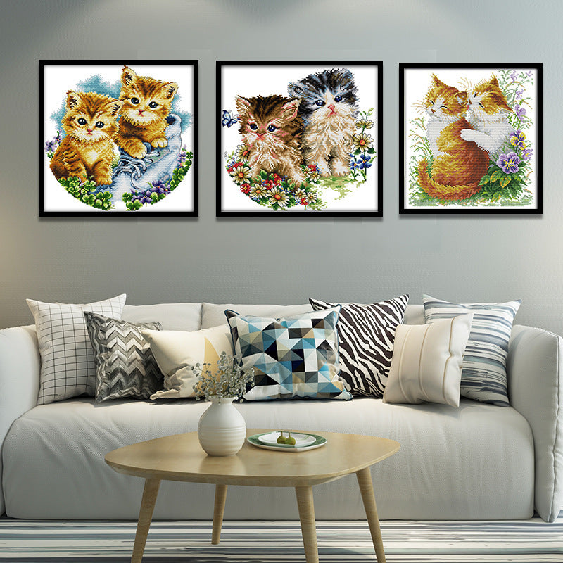 KTX-893267 Cartoon Couple Cat Cross Stitch Kit in Ecological Cotton, 11CT/14CT可选, Animal Pattern