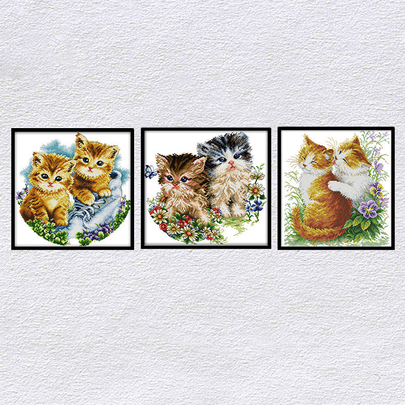 KTX-893267 Cartoon Couple Cat Cross Stitch Kit in Ecological Cotton, 11CT/14CT可选, Animal Pattern