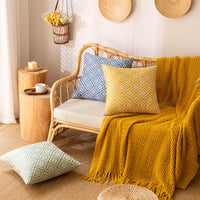 HKM-893395 Nordic Geometric Pattern Jacquard Pillow Cover – Double-sided Woven, Cyan Blue Yellow, 30x50cm & 45x45cm