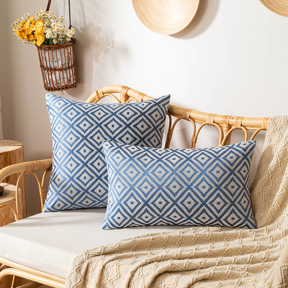 HKM-893395 Nordic Geometric Pattern Jacquard Pillow Cover – Double-sided Woven, Cyan Blue Yellow, 30x50cm & 45x45cm