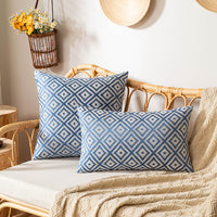 HKM-893395 Nordic Geometric Pattern Jacquard Pillow Cover – Double-sided Woven, Cyan Blue Yellow, 30x50cm & 45x45cm