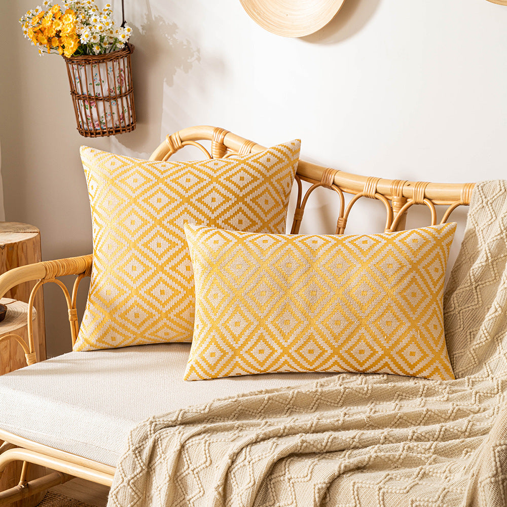 HKM-893395 Nordic Geometric Pattern Jacquard Pillow Cover – Double-sided Woven, Cyan Blue Yellow, 30x50cm & 45x45cm