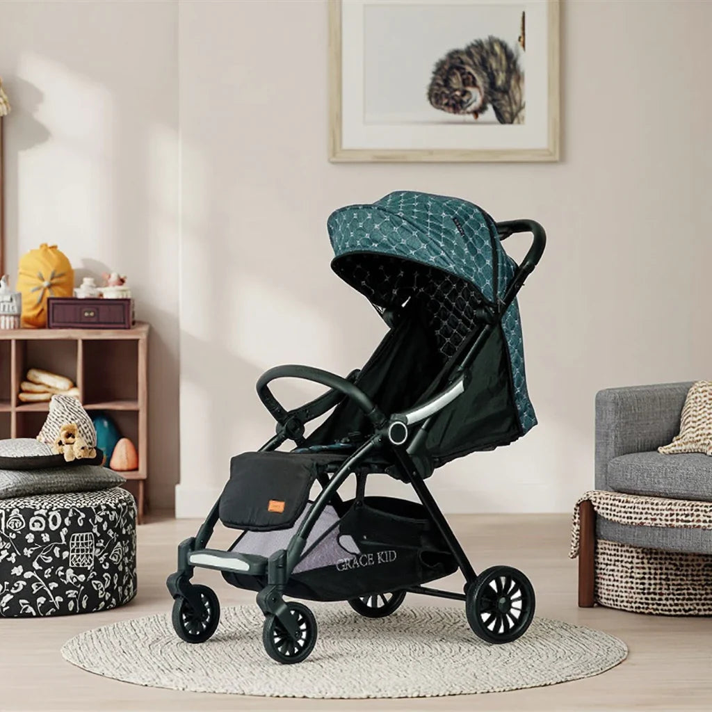 KTX-893779 Quilted Green Baby Stroller with EVA Wheels, Footrests, and Cup Holder